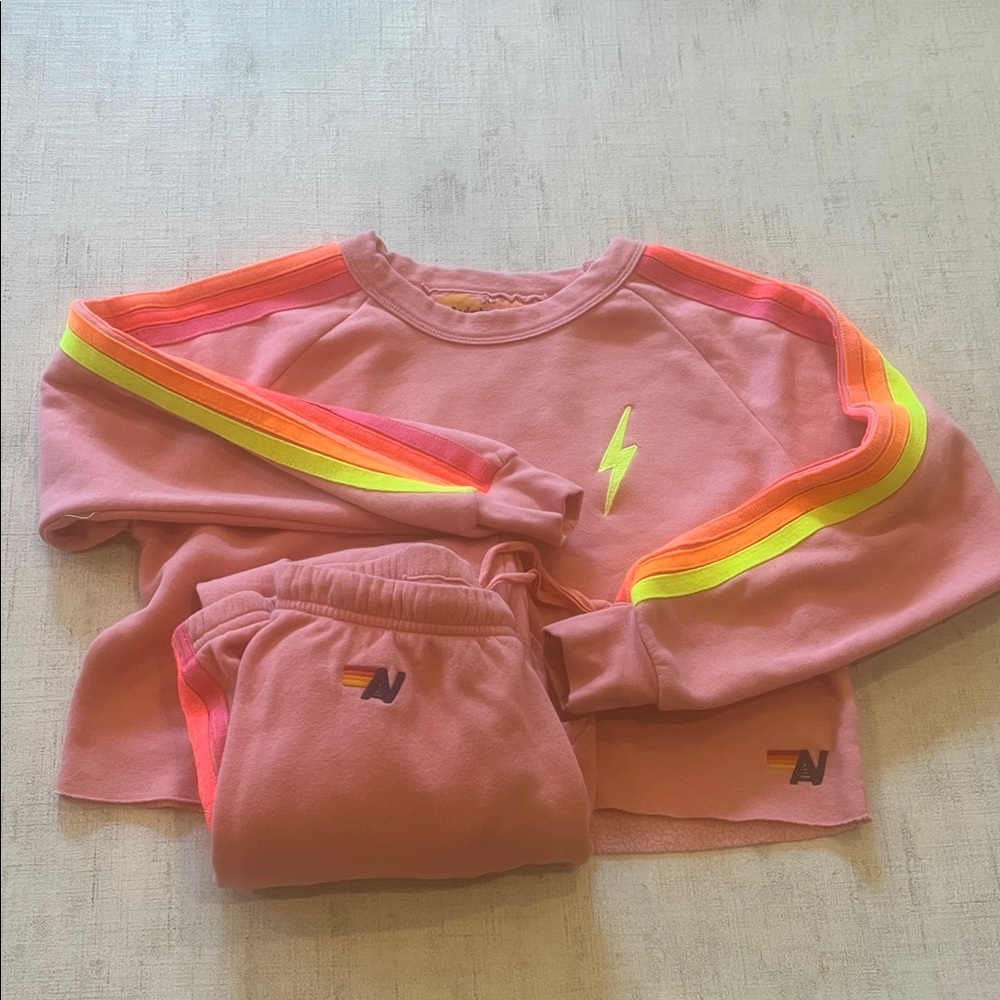Aviator Nation Coral Pink Sweatshirt and Joggers Set with Neon Stripes